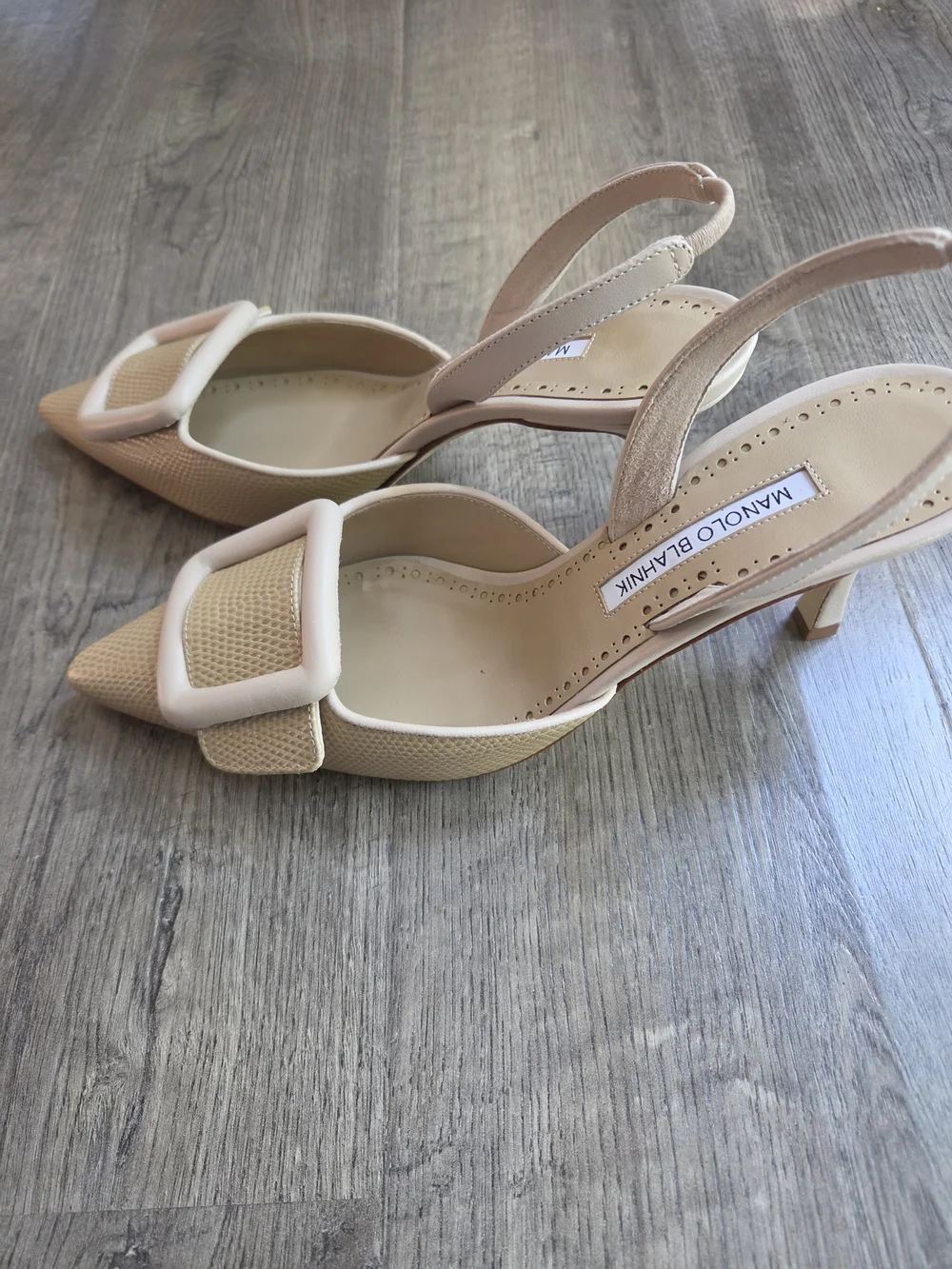 Light Beige Calf Leather Buckle Detail Slingback Pumps - Picture 3 of 10